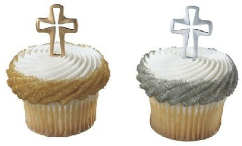 30 Silver and Gold Cross Cupcake Picks