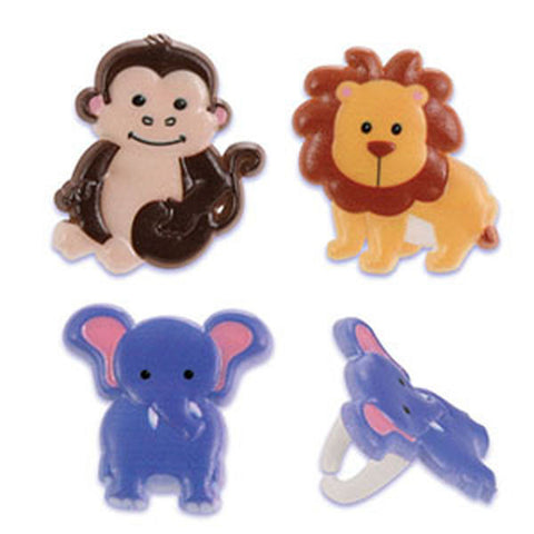 24 Zoo Friends Monkey, Lion & Elephant Cupcake Topper Rings