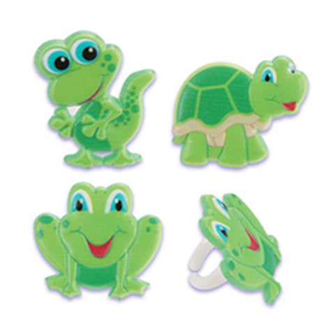 24 Gecko, Frog & Turtle Cupcake Topper Rings